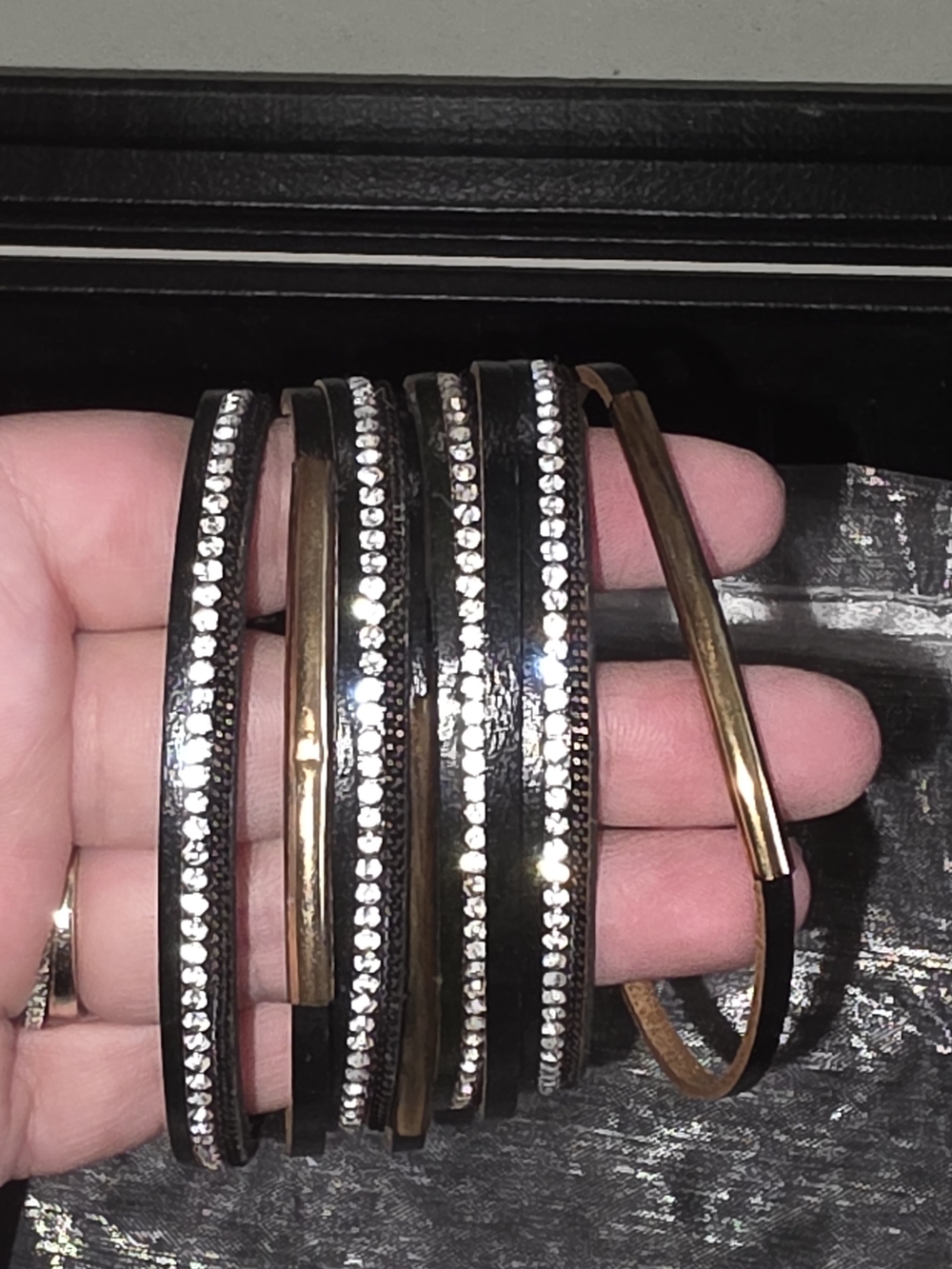 SAACHI Black and Gold Multi-Row Rhinestone Wrap Magnetic Bracelet